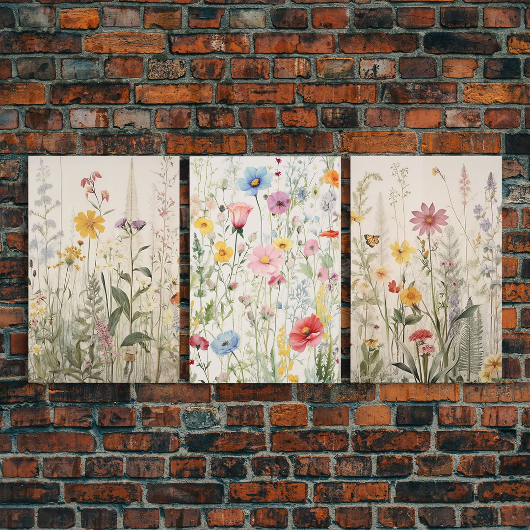 Minimalist Boho Farmhouse 3 Piece Wildflower Canvas Print, Framed Wall Art, Modern Rustic Decor, Living Room Art, Home Decor Wall Hanging