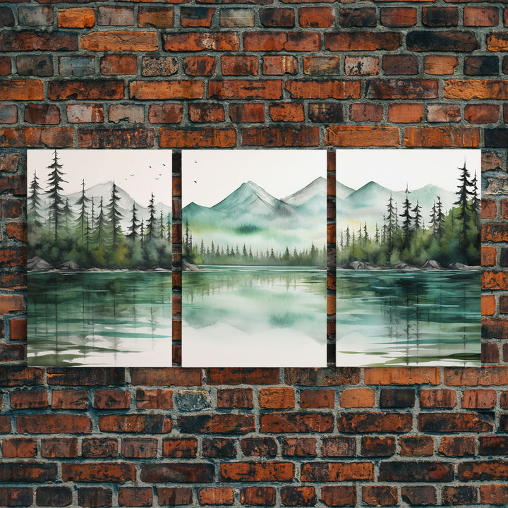 3 Panel Framed Canvas Print Wall Art Set of 3 Emerald Green Mountain Forest Lake Landscape Minimalist Modern Art Nature Wall Decor Pine Tree