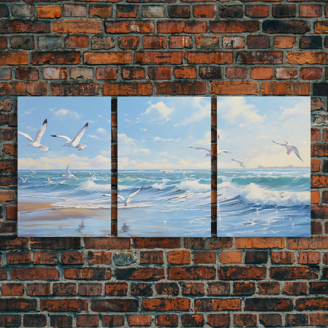 Beautiful Seagulls Over An Ocean Beach At Sunset 3 Piece Canvas Print Wall Art, Above Sofa Art, Modern Art, Minimalism Lakehouse Decor