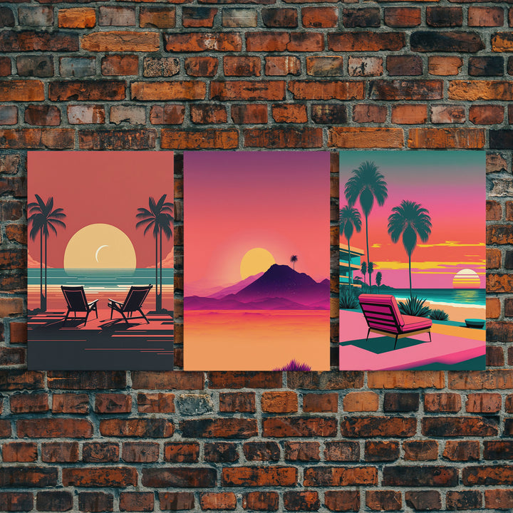 Outrun Style Midcentury Modern Wall Art, Framed Canvas Prints, Triptych Wall Art, 3 Panel Canvas Art, Retro Synthwave Beach Vibes Art