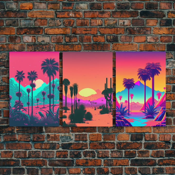 California Desert Art, Retro / Vaporwave / Synthwave 80s Vibes 3 Piece Canvas Prints, Game Room Art, Living Room / Bed Room Retro Decor