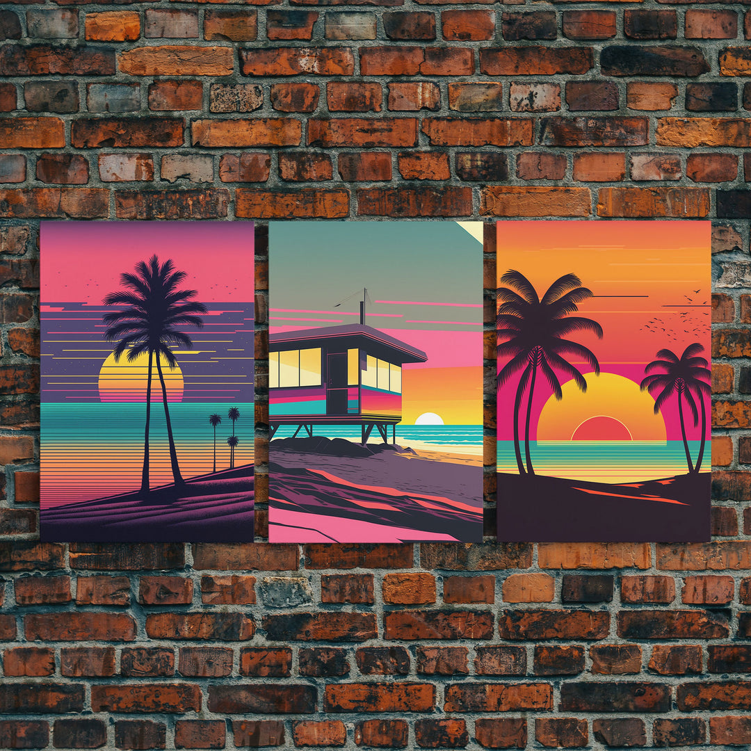 Beach Vibes, 3 Panel Wall Art, Framed Canvas Prints, Triptych Art, 3 Piece, 80s Vibes Vaporwave Wall Art, Life Guard Hut and Palm Trees