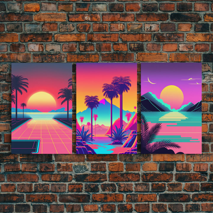 Retro 80s Style Art, 3 Panel Framed Canvas Prints, Canvas Wall Art, Synthwave / Vaporwave Aesthetic Retro Style Wall Art