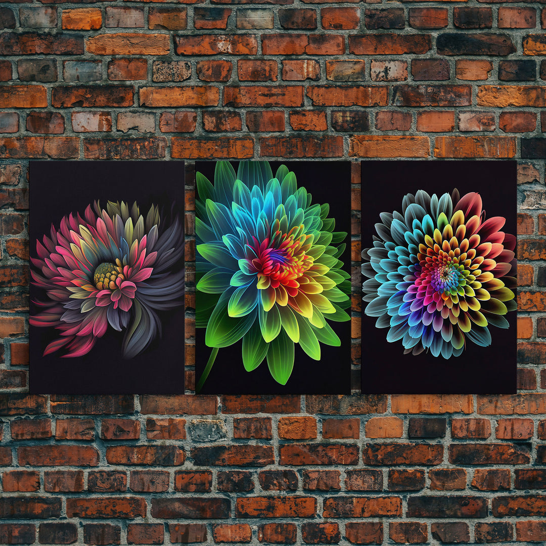 Triptych 3 Panel Wall Art - Framed Canvas Prints - Neon Flowers - Retro Style Flower Paintings - Boho Decor - Minimalist Wall Art - Modern