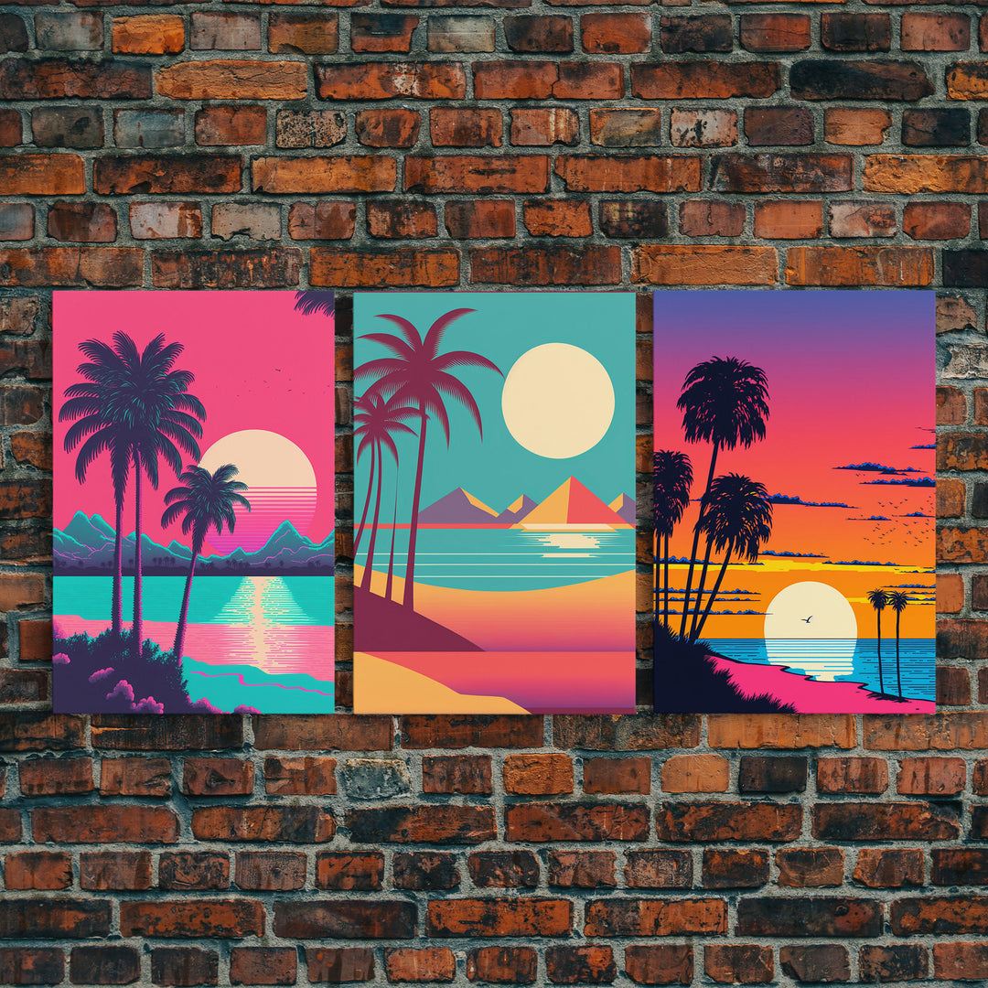 Retrowave Priint Set  - 3 Piece Wall Art - Triptych 3 Panel Art - Beach Wall Art - Framed Canvas Prints - Tropical Beach Decor