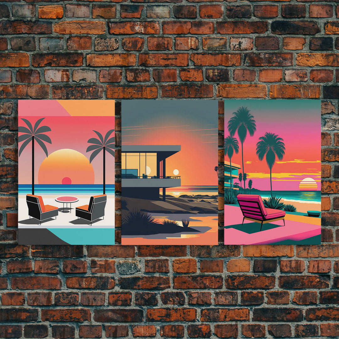 Vaporwave Aesthetic Wall Art Framed Canvas, Set of 3 Framed Canvas, Tropical Decor, Travel Posters, Original Art Framed Canvas