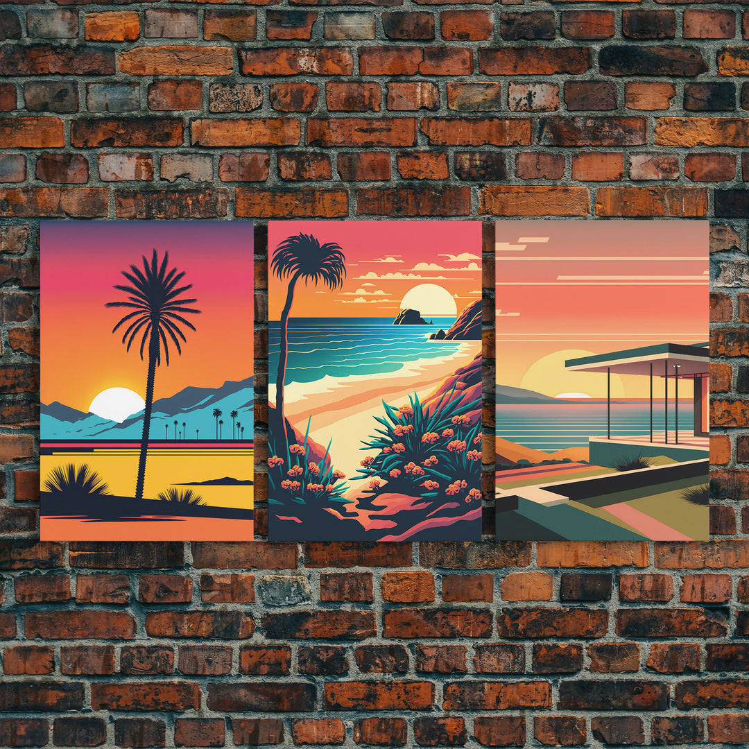 Desert Art, California Themed Wall Art, Framed Canvas Prints, 3 Piece Wall Art, 3 Panel Triptych Art, Retro Style, Orange Hues Art