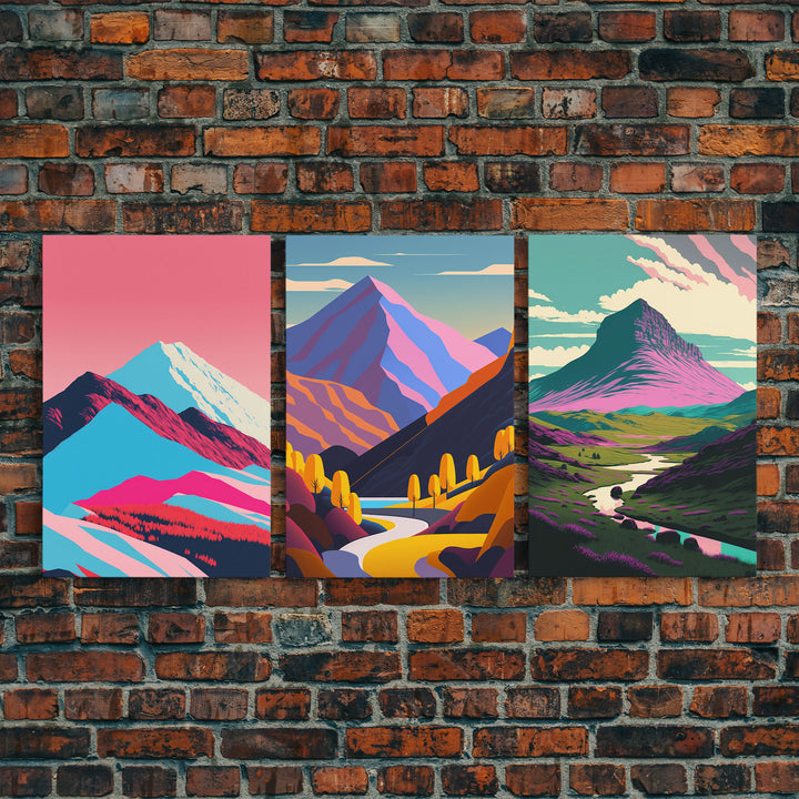 Minimalist Midcentury Wall Art, Framed Canvas Prints, 3 Piece Wall Art, Abstract Art, Modern Wall Decor, Mountain Landscape