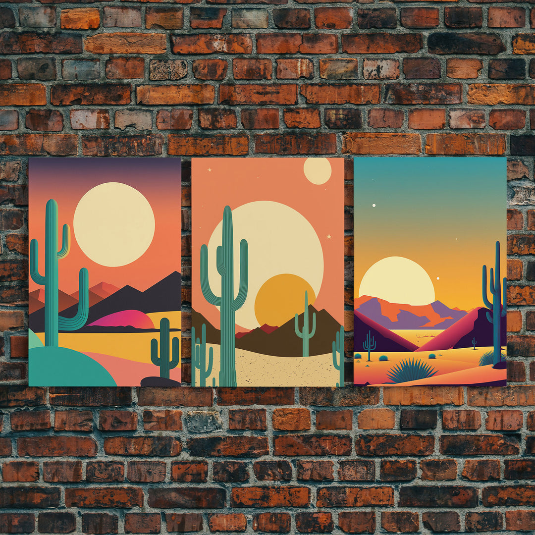 Desert Art, Desert Prints, Trendy Wall Prints, Framed Canvas Art, 3 Piece Wall Prints, Southwestern Decor, Primitive Cactus Art, Arizona Art