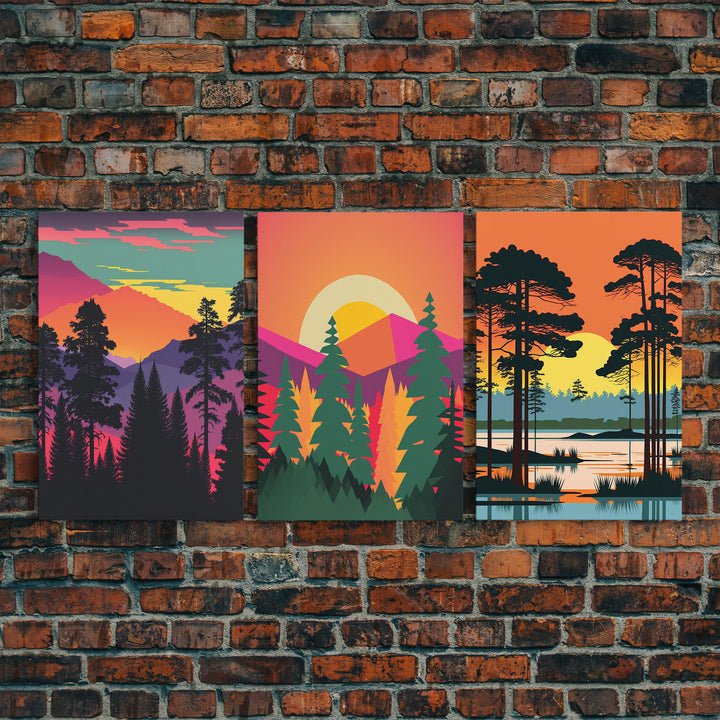 Pacific Northwest MCM Style Landscape Art, Framed Canvas Prints, 3 Piece Art Set, Triptych Art, Colorful Retro Style Pine Tree Forests