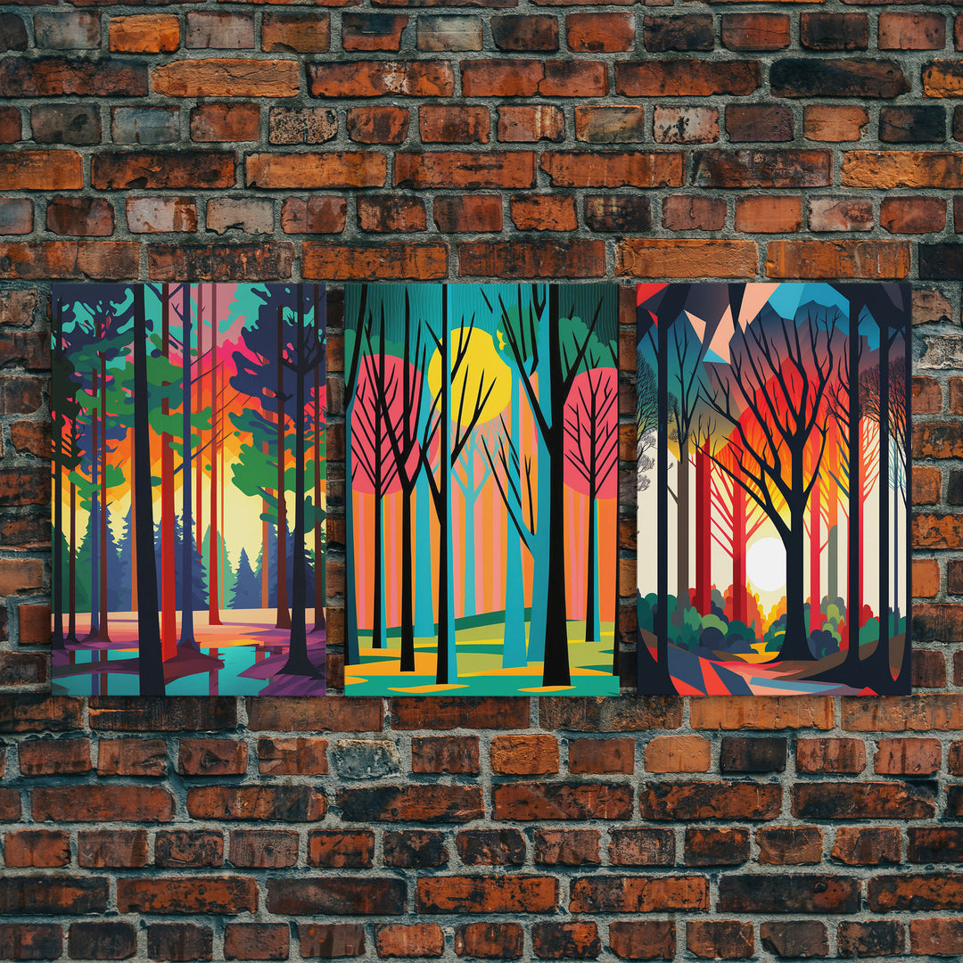 Retro Pine Tree Forest In The Fall, 3 Piece Canvas, 3 Panel Art, Framed Canvas Art, Colorful Abstract / Minimalism Landscape Art