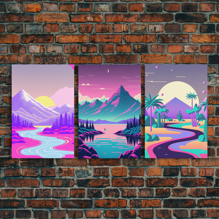 Vaporwave Aesthetic Mountain Landscape Prints, Framed Canvas Art, 3 Panel Art Set, 3 Piece Art, Retro Feel Minimalist Abstract Art