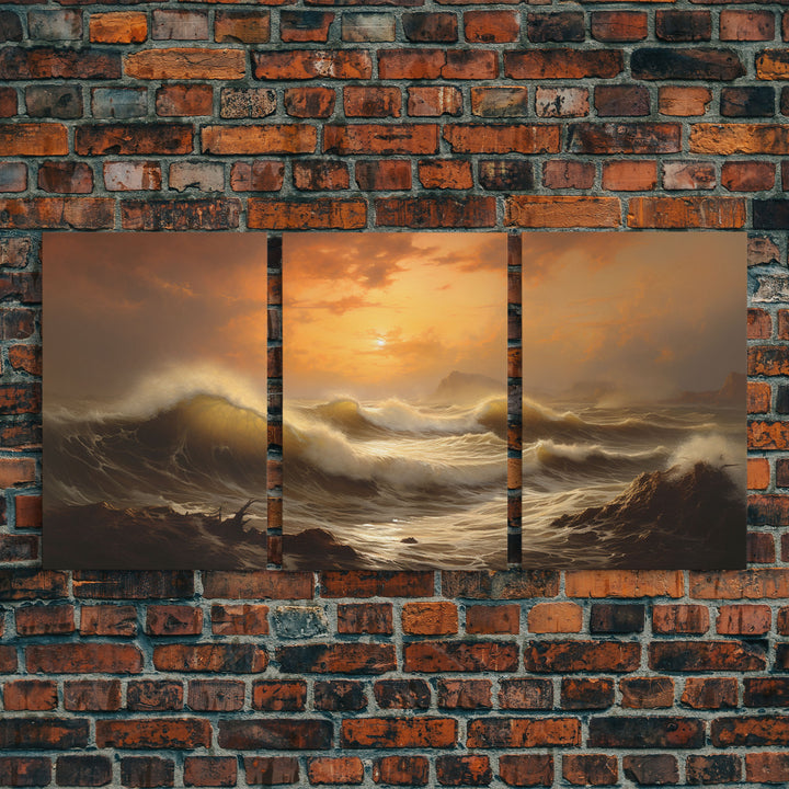 Beneath The Roaring Sea, Seascape Painting, 3 Piece Set, Framed Canvas Print, Cool Wall Art, Office Decor, Above Sofa Art