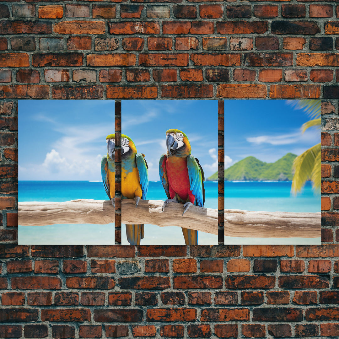 Parrot Wall Art, Tropical Wall Art, Beach Art Print, Seascape Print, Canvas Print, Wall Art, 3 Piece Wall Art, Apartment Wall Decor