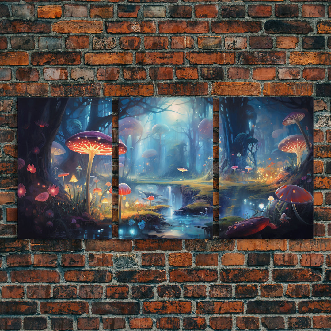 Magical dark forest art print on canvas, fantasy forest, oil style painting, large landscape wall art for home, ready to hang, 3 Piece Art