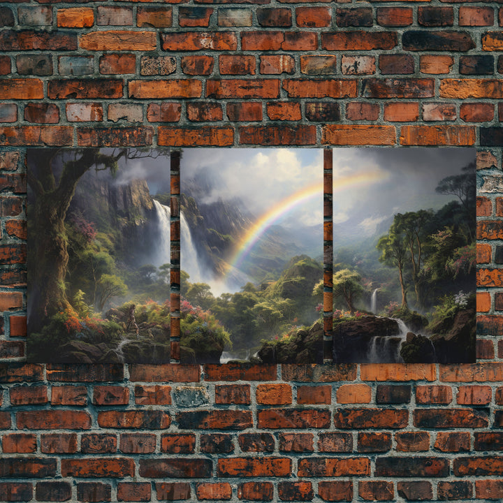 Tropical Rainbow Art, 3 Piece Framed Canvas Prints, Hawaii Art, Hawaiian Waterfall Painting, Original Landscape Painting, Maui Art