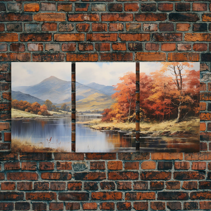 Fall Centerpiece Decor, Framed Canvas Prints, Autumn Landscape Paintings, 3 Piece Art, Triptych