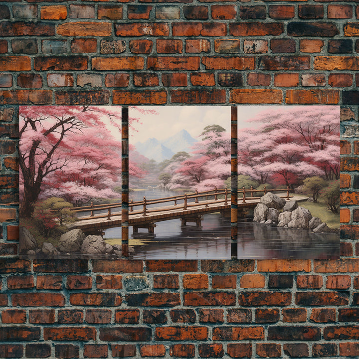 Wabi Sabi Decor, Framed Canvas Print, 3 Piece Set, Beautiful Japanese Maple Tree Garden