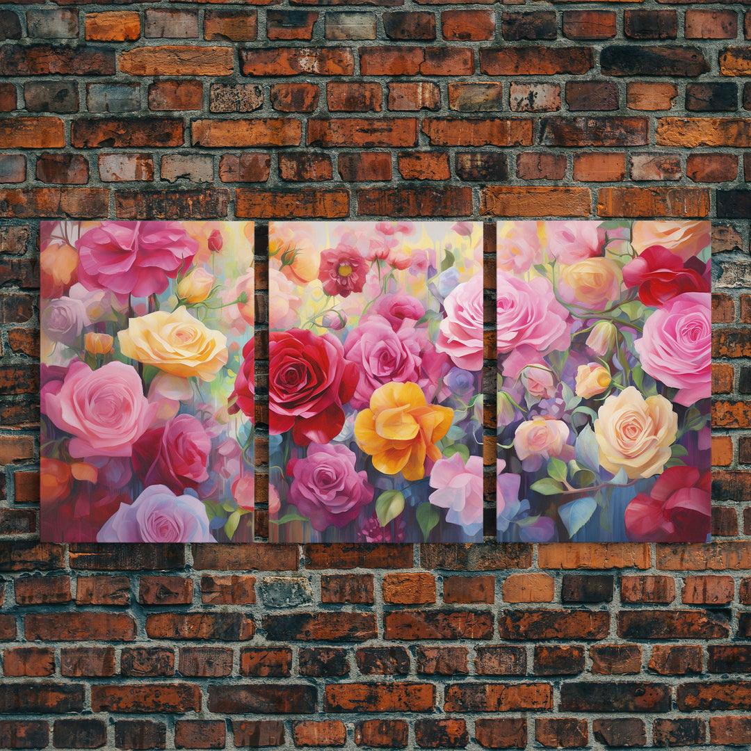 Beautiful Rose Art, Framed Canvas Print, Floral Art, Botanical  Decor, Blue and Yellow Roses, 3 Piece Art Set