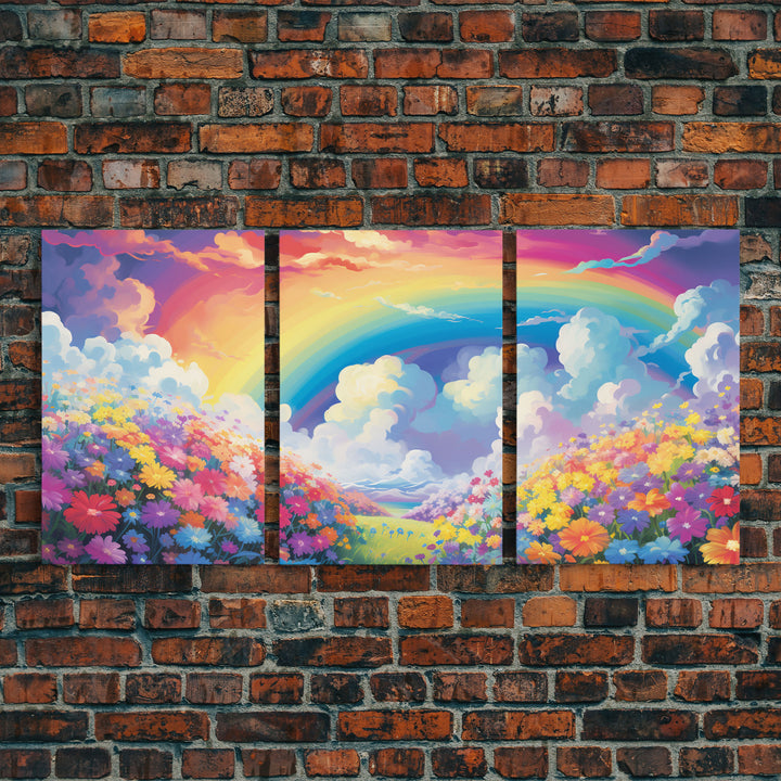 Rainbow Wall Art, Floral Print, Meadow Art , Canvas Print, Set Of 3 Prints, Wall Art, 3 Piece Wall Art, Nursery Print, Kids Wall Art