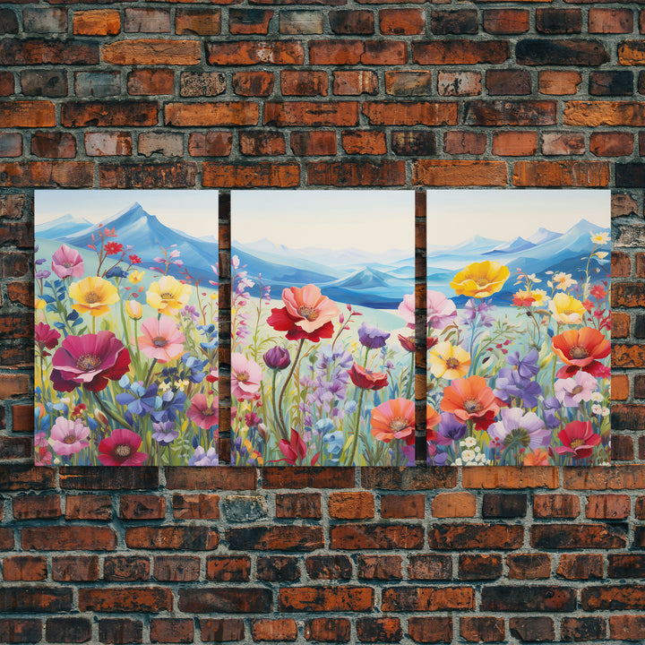 Wildflower Meadow, Wildflower Wall Art, Floral Print, Canvas Print, Set Of 3 Prints, Wall Art, 3 Piece Wall Art, Country Home Decor