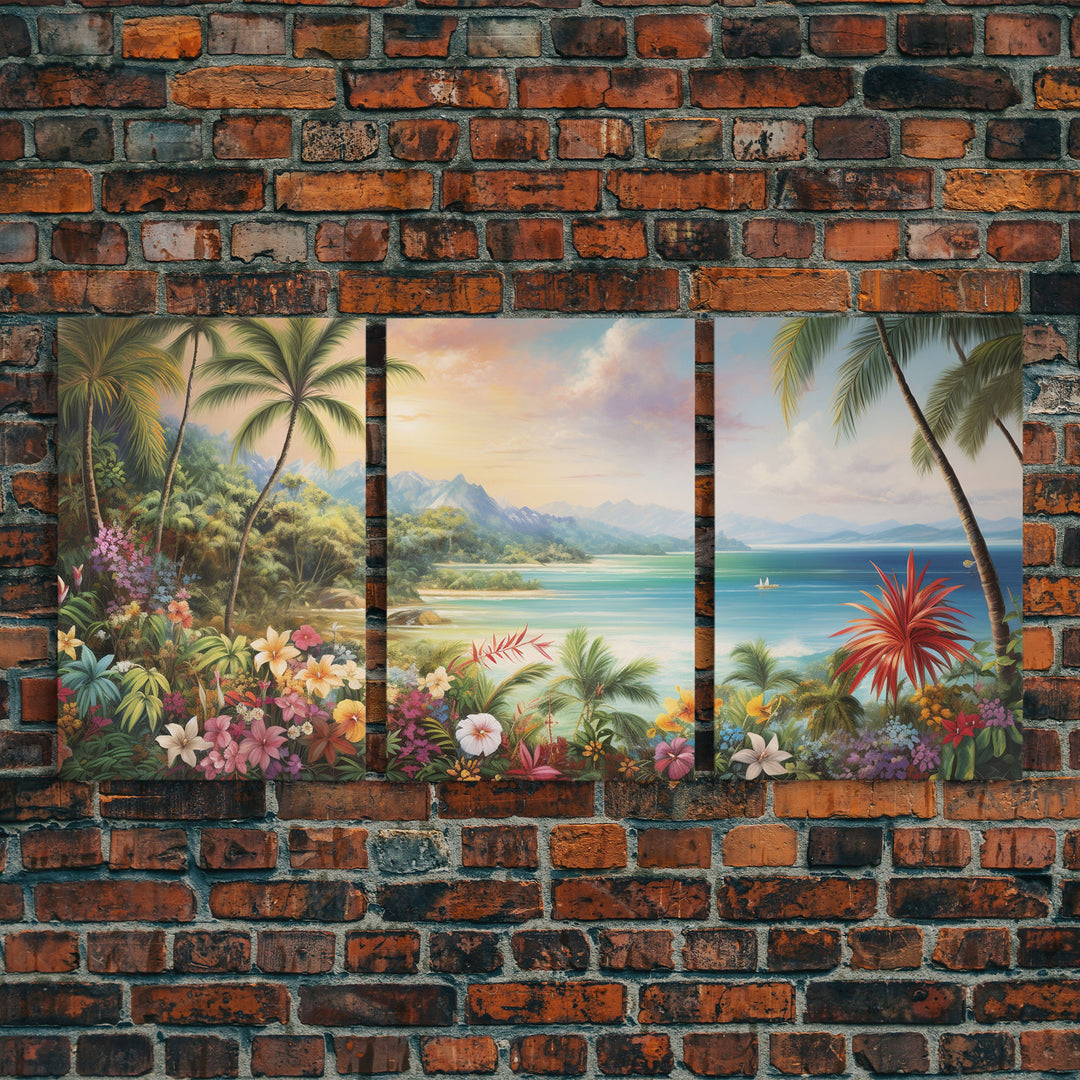 Tropical Wall Art, Beach Print, Palm Tree Wall Art, Canvas Print, Set Of 3 Prints, Wall Art, 3 Piece Wall Art, Seascape, Hawaii Wall Art