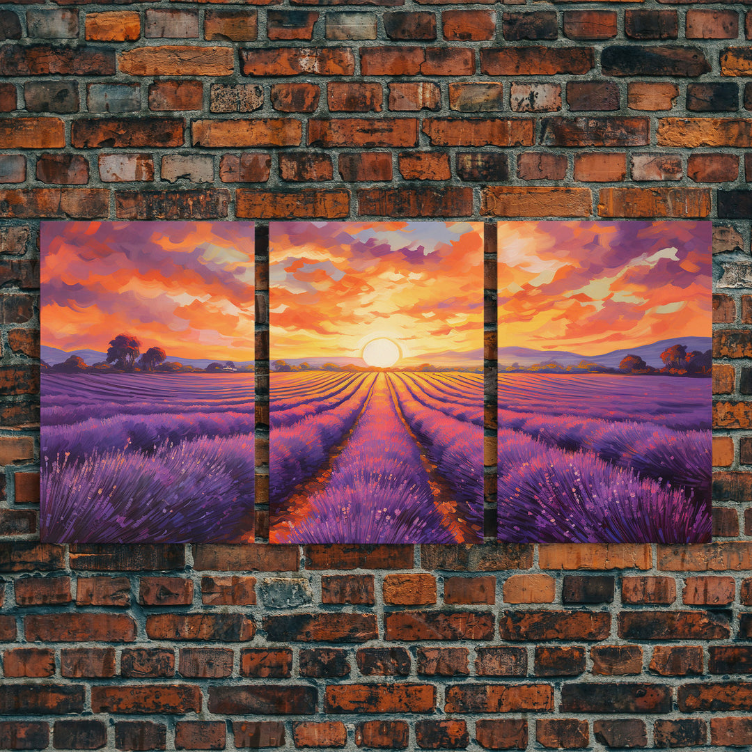 Purple Lavender Fields, 3 Piece Wall Art, Framed Canvas Print, Beautiful Original Landscape Painting, Sunset Painting, Farmhouse Decor