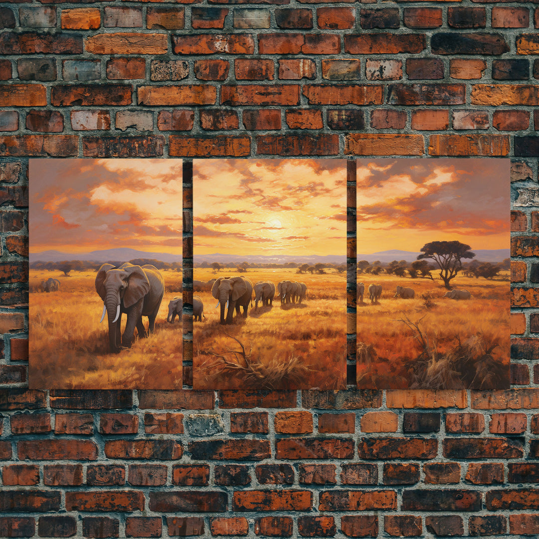 Elephant Print, Animal Wall Art, Sunset Print, Canvas Print, Wall Art, 3 Piece Wall Art, Nature Print, Retirement Gifts, Modern Office Art