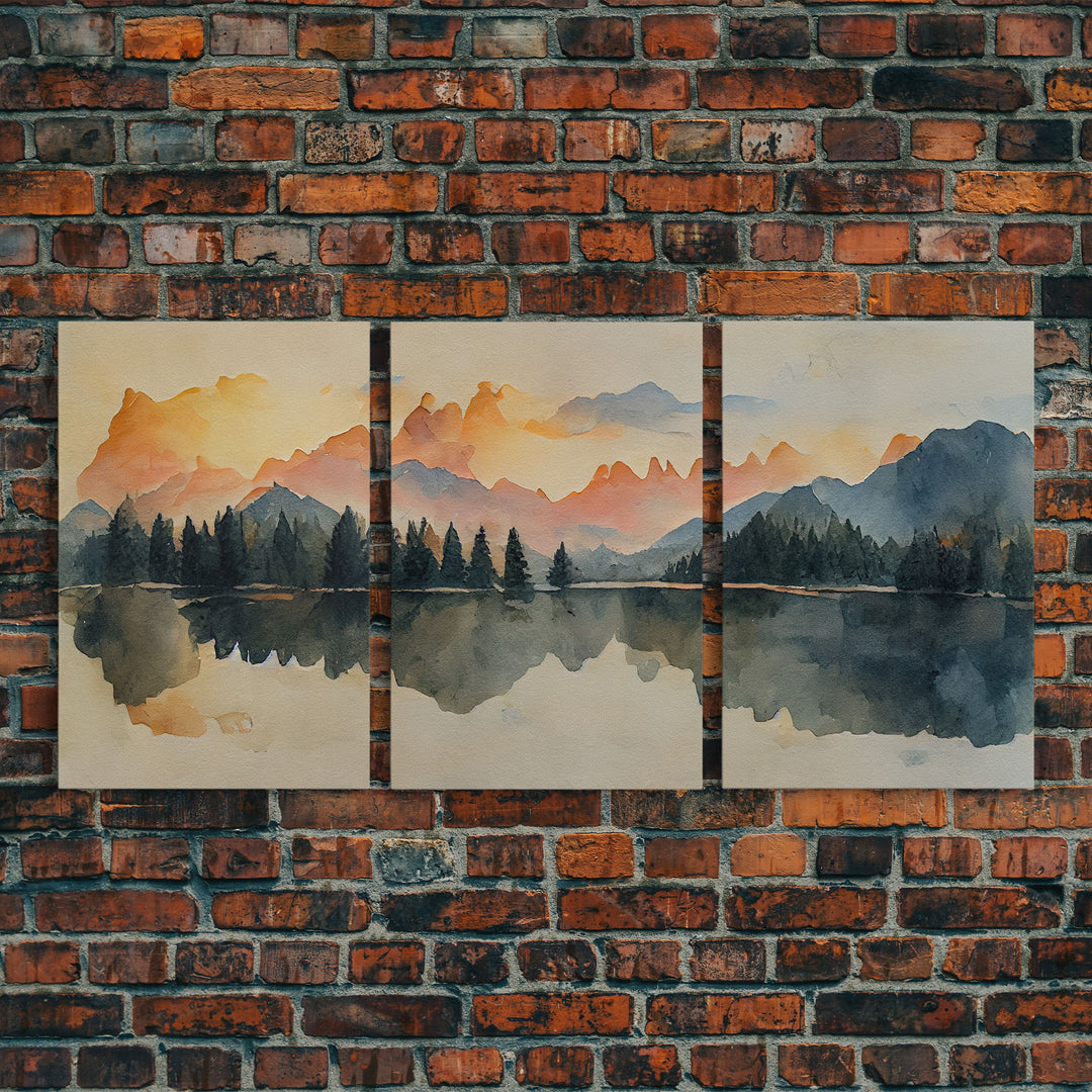 A Forest Fire At Sunset, 3 Piece Canvas Wall Decor, Ready To Hang Canvas Prints, Watercolor, Orange Landscape Sunset Art, Canvas Wall Decor