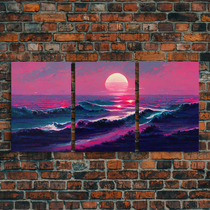 Outrun Style Synthwave Sunset Ocean Waves, 3 Piece Wall Art, Ready To Hang Canvas Print, Cool Unique Lakehouse Wall Art Decor