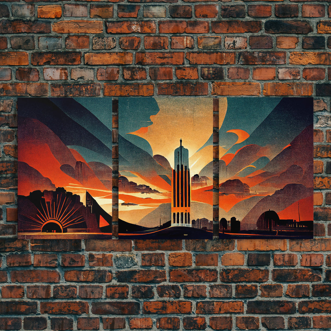 Art Deco Brutalist Architecture, Dystopian, 3 Piece Wall Art, Ready To Hang Canvas Print, Beautiful Living Room Wall Art Decor