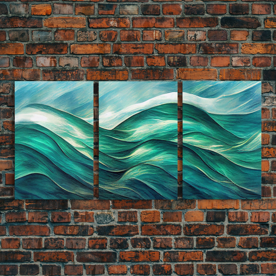 Emerald Green Wall Decor, Sea Green Ocean Waves Abstract, 3 Piece Canvas Decor, 3 Piece Wall Art, Ready To Hang Canvas Prints