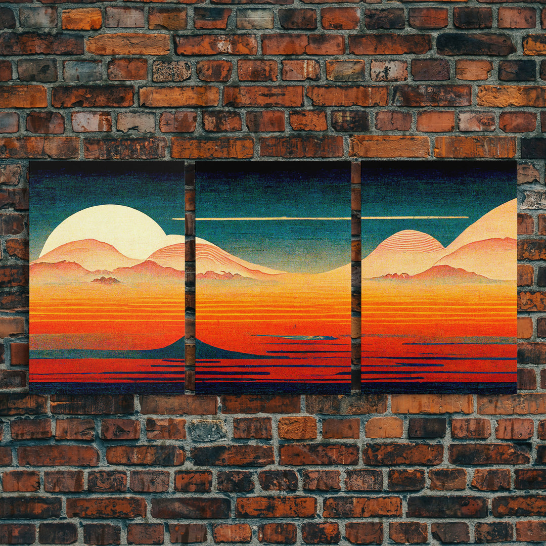 Retro Japanese Style Sunset Art, A Storm Torrent, 3 Piece Wall Art, Ready To Hang Canvas Print