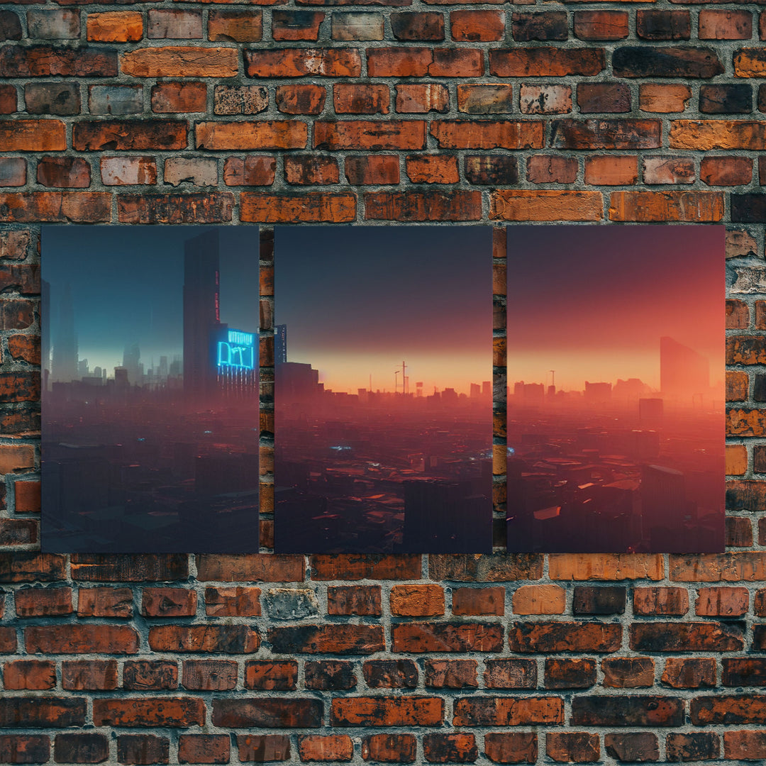 Cyberpunk Cityscape, Cyberpunk Concept Art at Sunset, Cool mancave art, 3 Piece Canvas Decor, 3 Piece Wall Art, Ready To Hang Canvas Prints