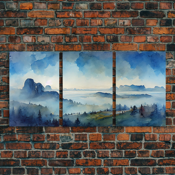 Sapphire Blue Watercolor Landscape, 3 Piece Wall Art, Ready To Hang Canvas Print, Beautiful Living Room Wall Art Decor