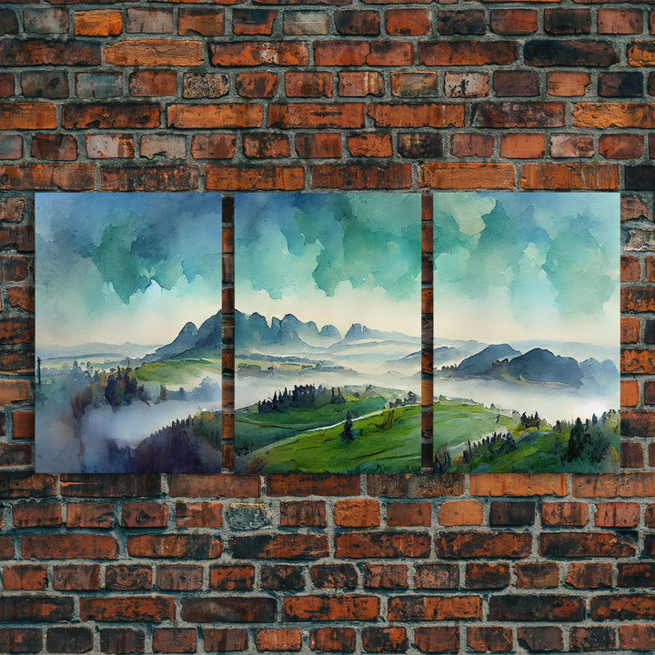 Emerald Green Landscape Watercolor, Panoramic Art, Cool Wall Decor, 3 Piece Wall Art, Ready To Hang Canvas Print