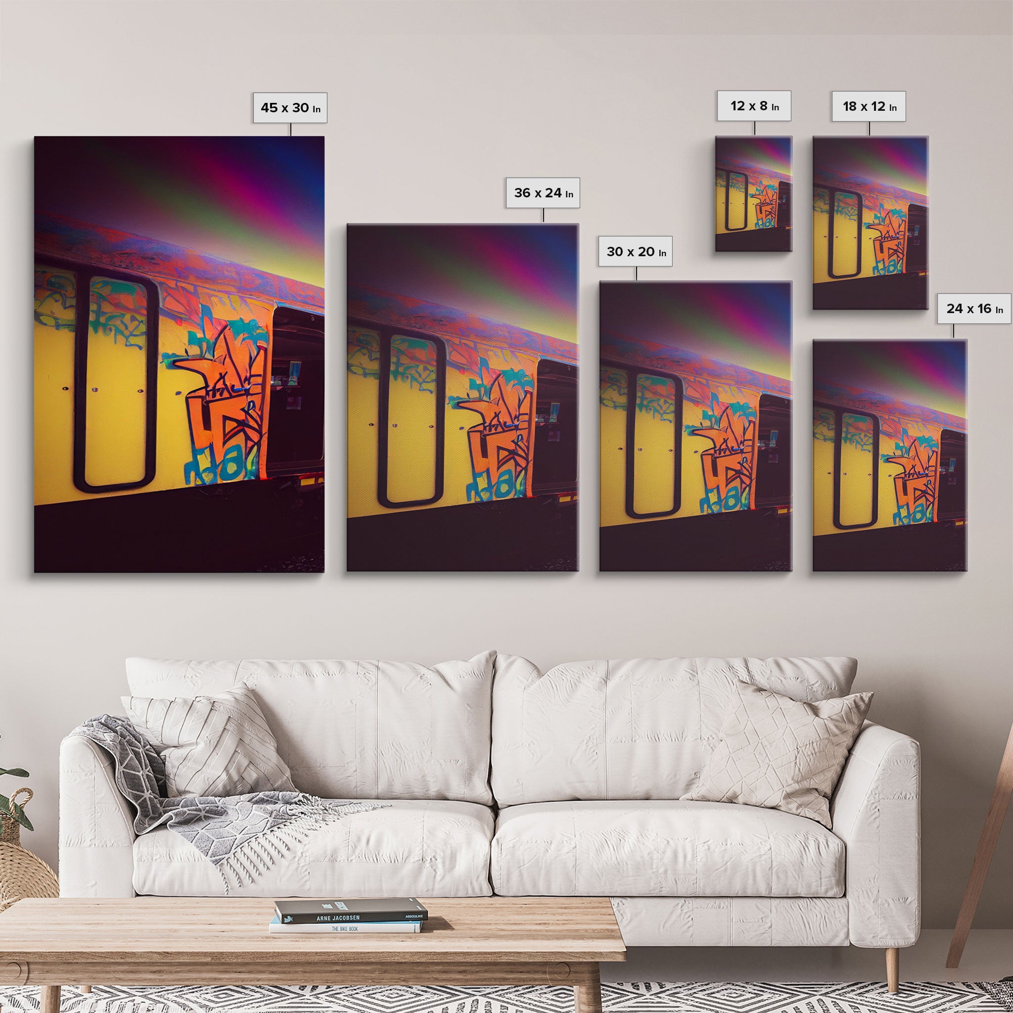 Urban graffiti, graffiti covered train cars, urban art, 3 piece canvas, 3 piece wall art, synthwave dystopian art