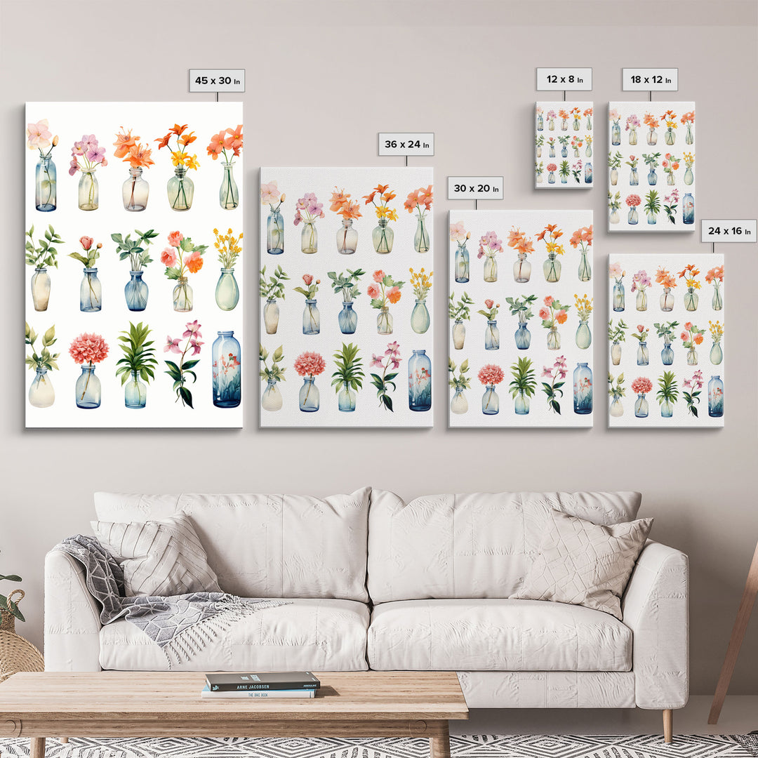 3 Piece Set, Cute Kawaii Floral Print, Flowers In Vases, Framed Wall Art, Canvas Print, Botanical Wall Decor, Dried Flower Large Art