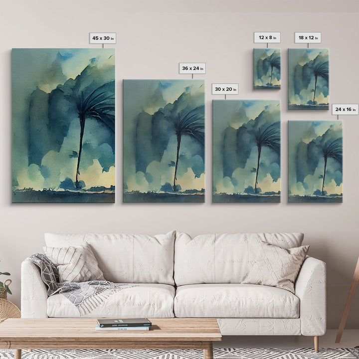 Watercolor of a palm tree blowing in a hurricane, storm art, 3 piece canvas print, 3 piece wall art