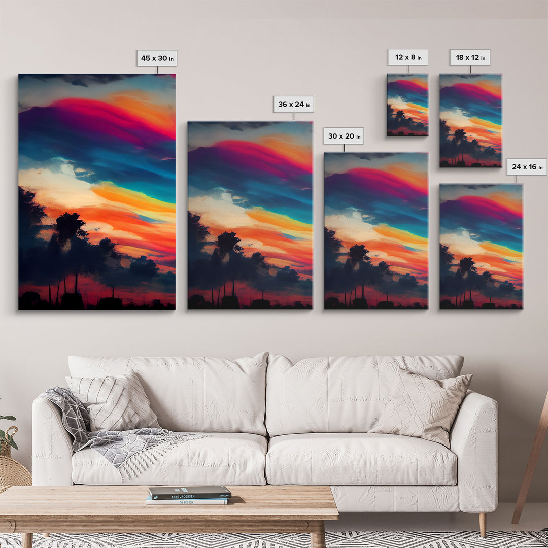 Psychedelic sunrise, beautiful colorful wall art, 3 piece canvas print, three piece wall art, living room above the couch art