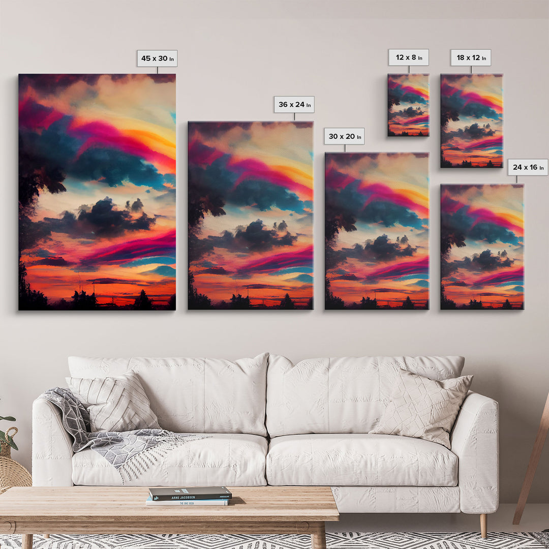 Psychedelic sunset, beautiful colorful wall art, 3 piece canvas print, three piece wall art, living room above the couch art, sun rise art