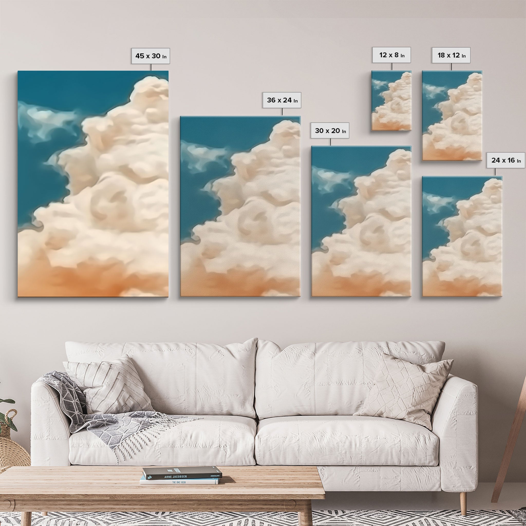 Clouds On Canvas, Framed Wall Art Set of 3 Pastel Cloud Navy Blue Sky Nature Landscape Prints Minimalist Modern Art Nature Wall Decor