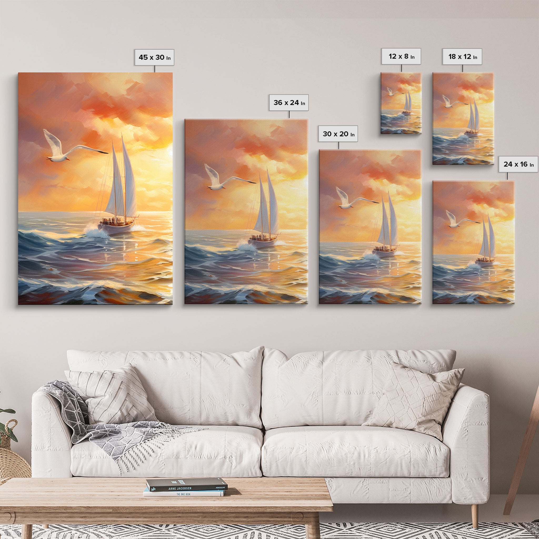 Beautiful Ocean At Sunset 3 Piece Canvas Print Wall Art, Above Sofa, Abstract Art, Modern Art, Minimalism Lakehouse Decor