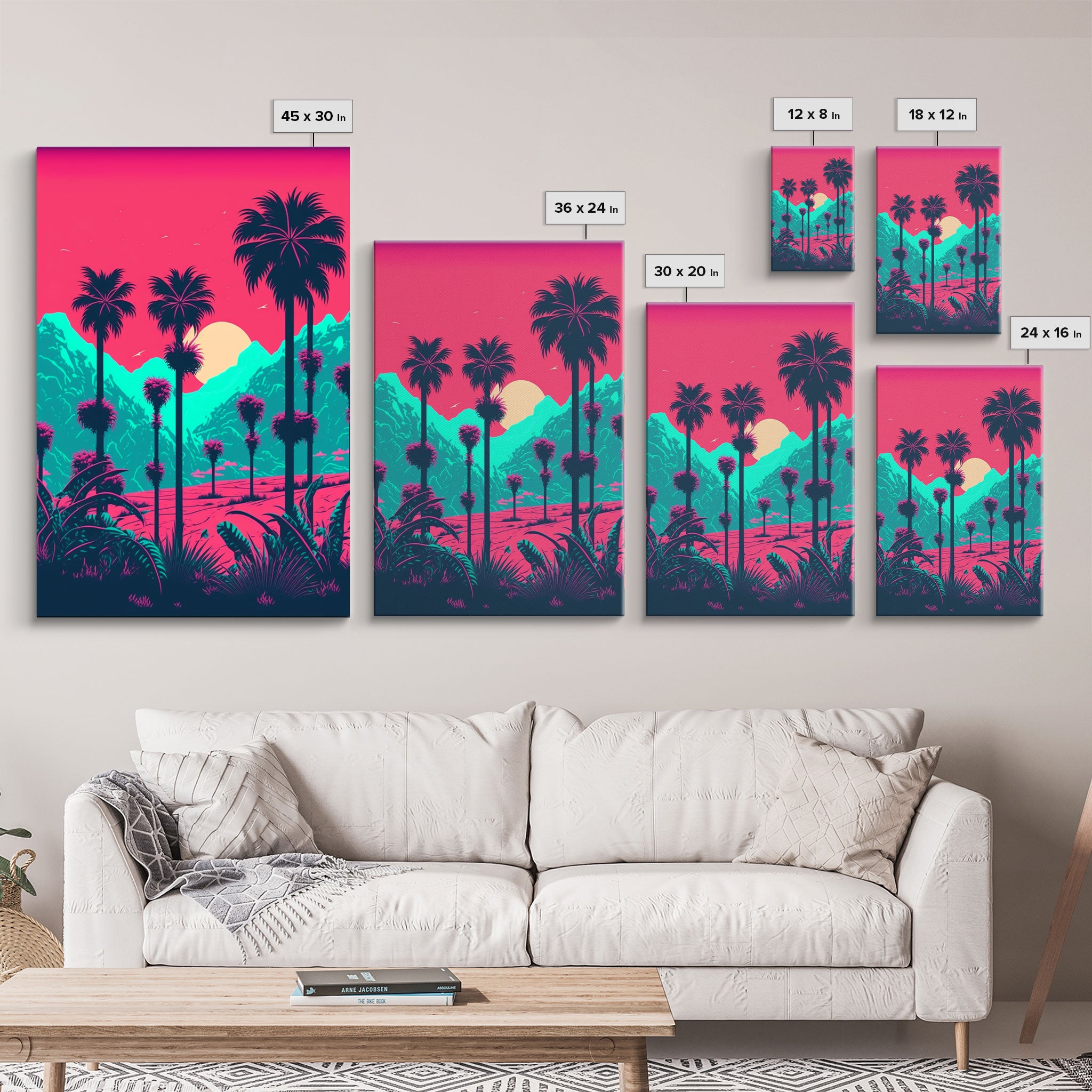 California Desert Art, Retro / Vaporwave / Synthwave 80s Vibes 3 Piece Canvas Prints, Game Room Art, Living Room / Bed Room Retro Decor