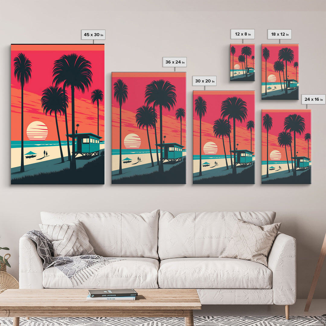 MCM Style Retro Wall Decor, Framed Canvas Prints, Triptych 3 Panel Wall Art, Retrowave Beach Art, Minimalist Boho Vaporwave Architecture Art