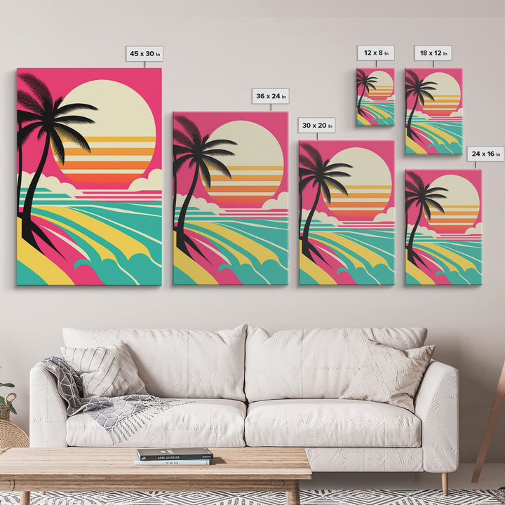 Beautiful Turquoise Retro Style Beach Art, Triptych 3 Panel Framed Canvas Prints, Palm Trees and Sunset, 80s Vibes Vaporwave Art Deco Mashup