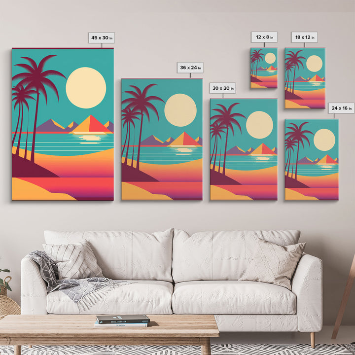 Beautiful Turquoise Retro Style Beach Art, Triptych 3 Panel Framed Canvas Prints, Palm Trees and Sunset, 80s Vibes Vaporwave Art Deco Mashup