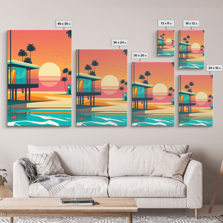 Midcentury / At Deco / Vaporwave mashup, Palm Trees & Beach Art, Framed Canvas Prints, 3 Panel Triptych Art, 80s Vibes