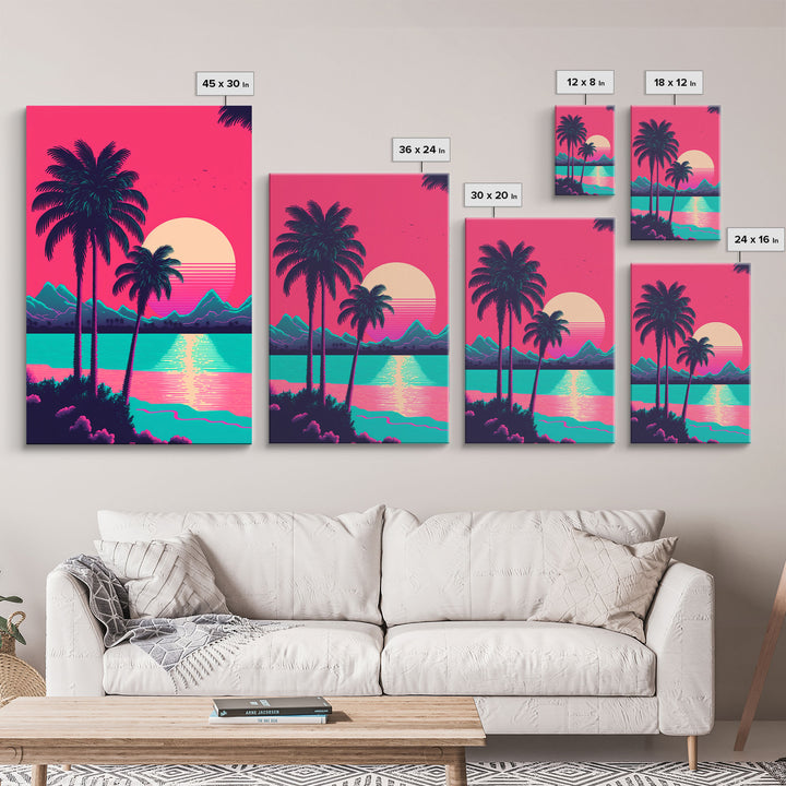 Retrowave Priint Set  - 3 Piece Wall Art - Triptych 3 Panel Art - Beach Wall Art - Framed Canvas Prints - Tropical Beach Decor