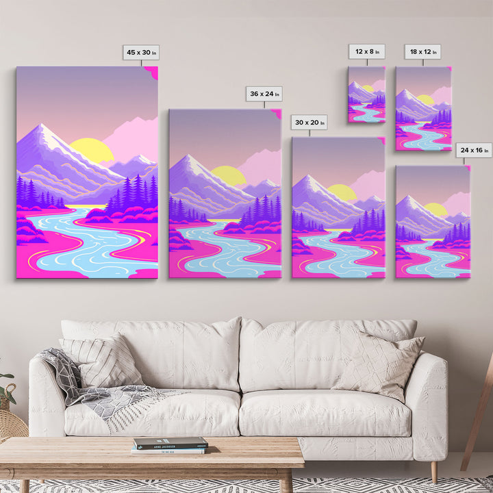 Vaporwave Aesthetic Mountain Landscape Prints, Framed Canvas Art, 3 Panel Art Set, 3 Piece Art, Retro Feel Minimalist Abstract Art